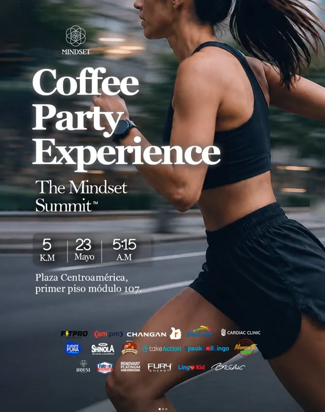 Póster de la Coffee Party Experience, The Mindset Summit, del 23 de mayo: una corredora en movimiento
